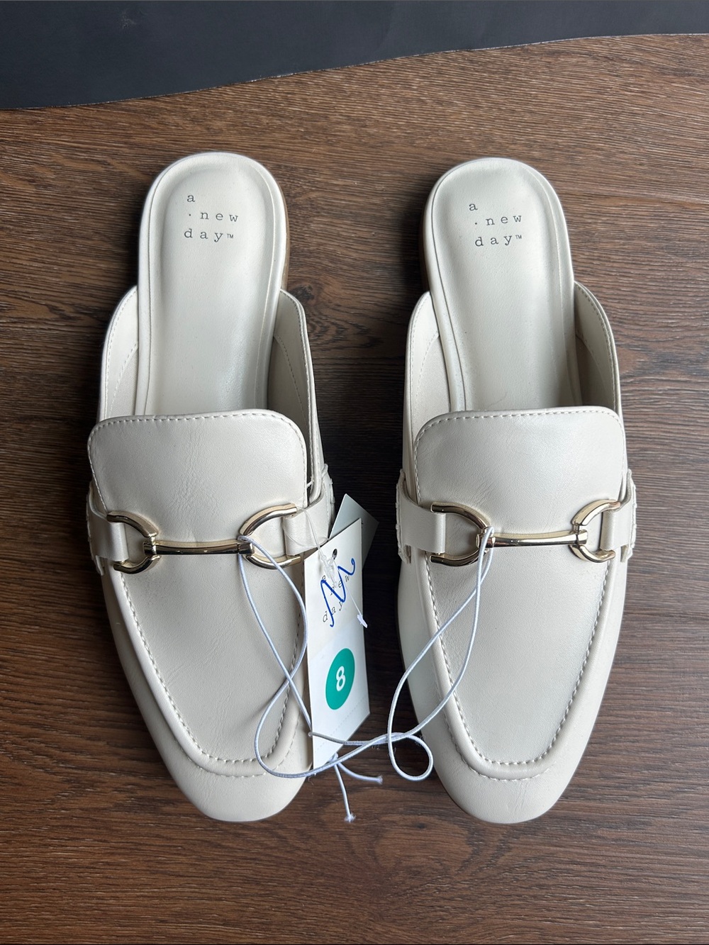NWT a new day Women's Cream Slip-On Loafer Mules | Loafer with Gold Clasp |